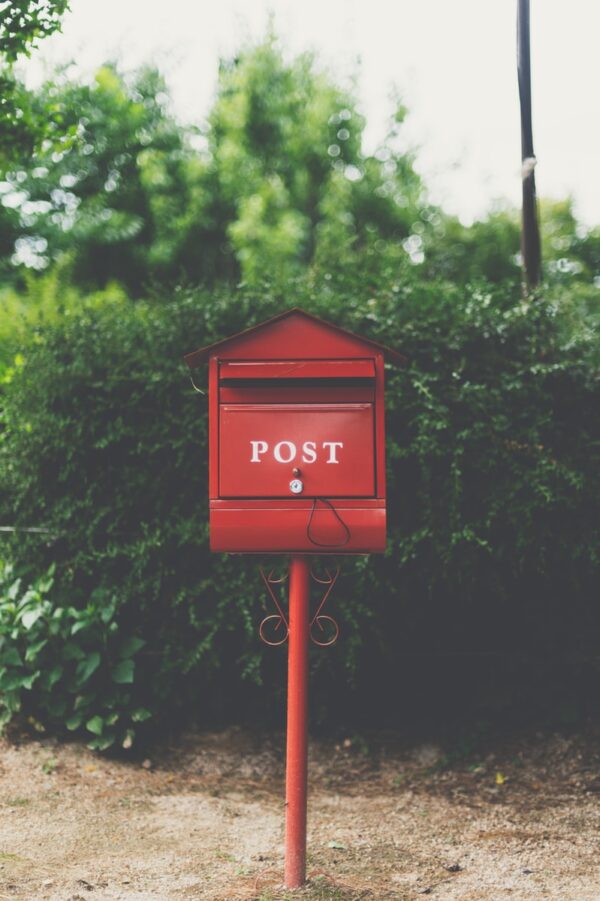 red wooden mailbox near green leaf plant